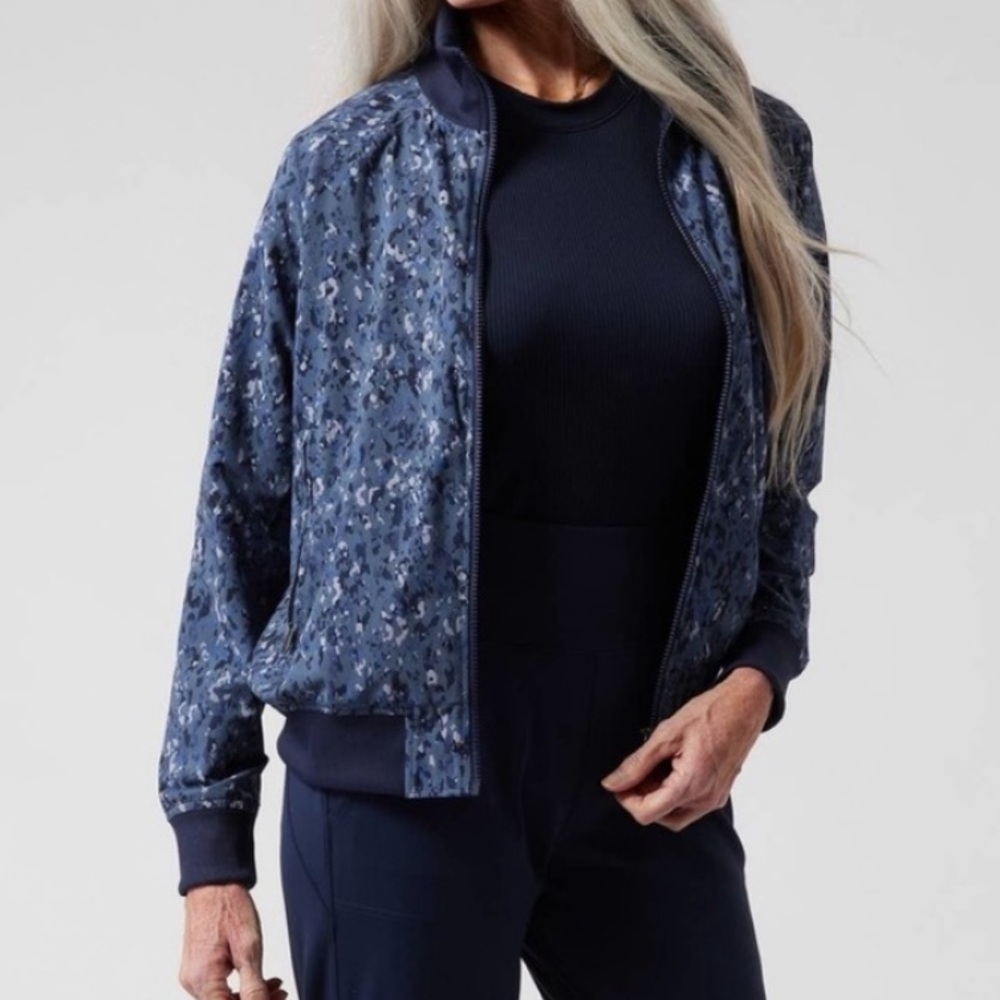 Athleta Brooklyn Bomber Jacket II Abstract Blue Navy EUC Size XS